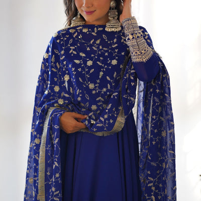 Embroidered Sleeve Georgette Abaya Style Suit in Royal Blue