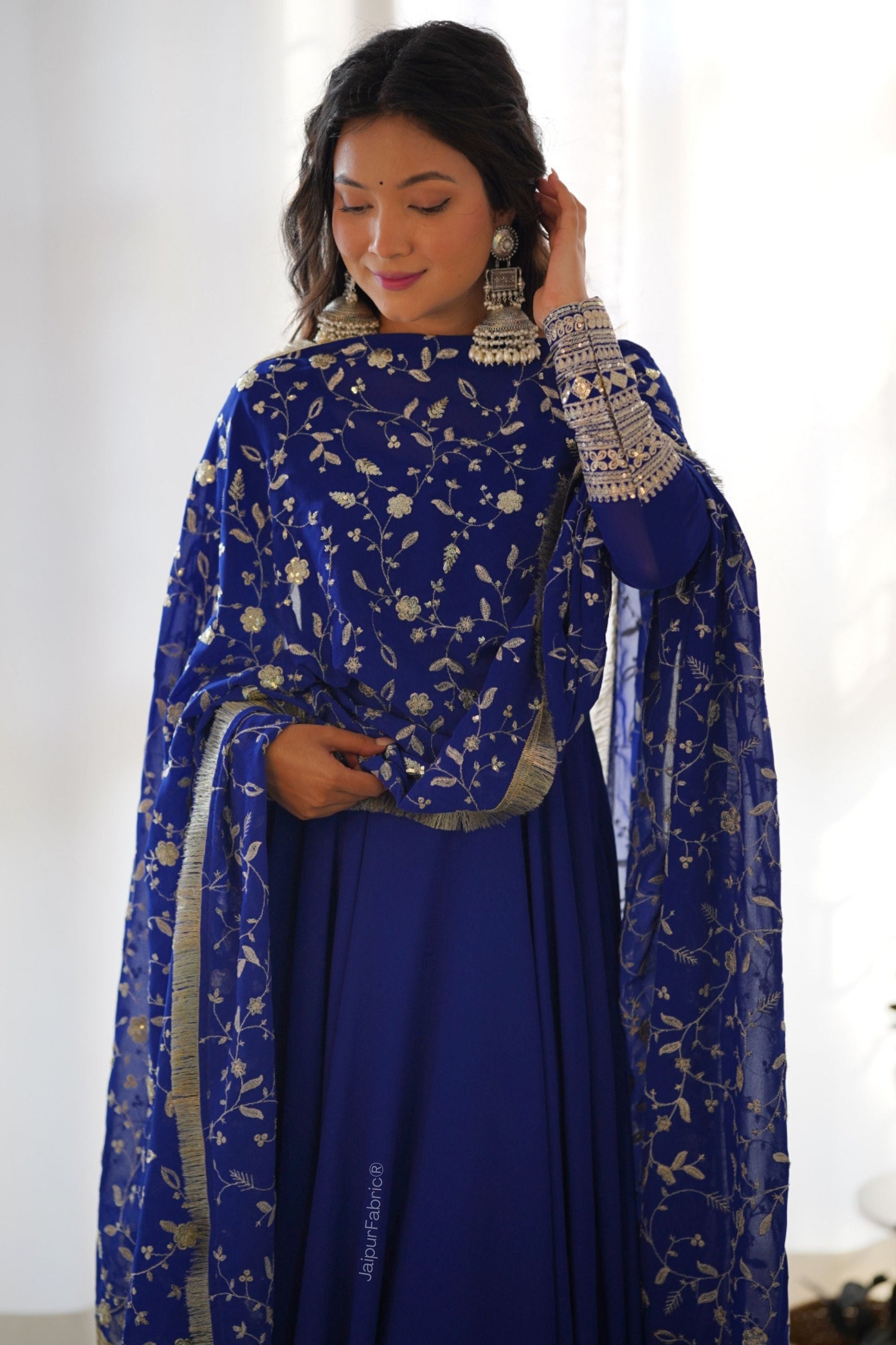 Embroidered Sleeve Georgette Abaya Style Suit in Royal Blue