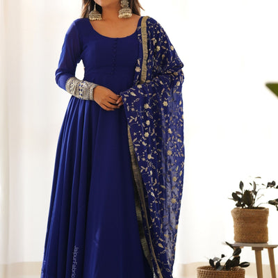 Embroidered Sleeve Georgette Abaya Style Suit in Royal Blue