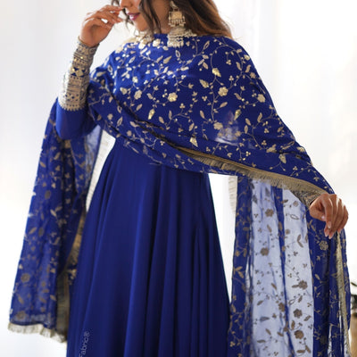 Embroidered Sleeve Georgette Abaya Style Suit in Royal Blue