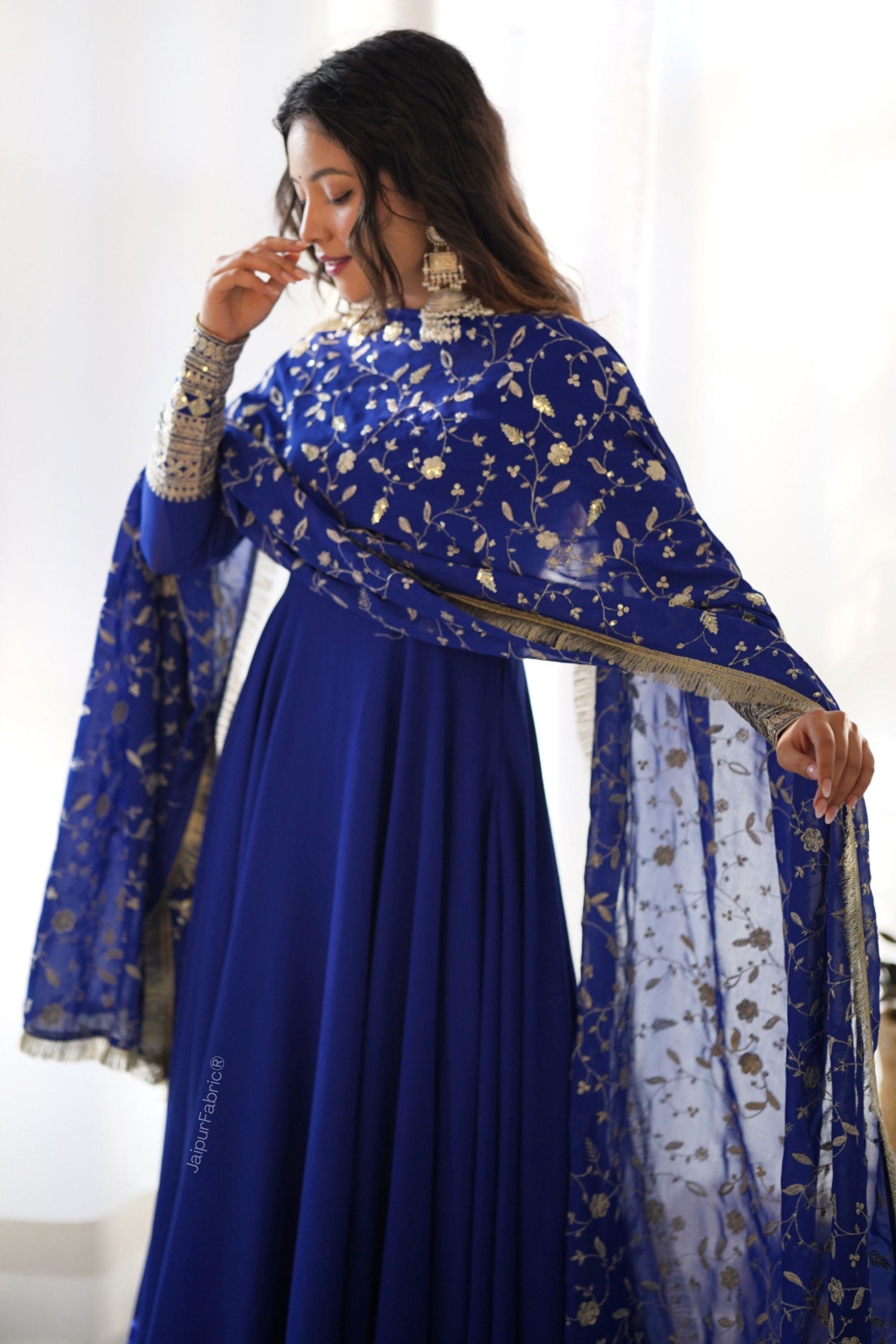 Embroidered Sleeve Georgette Abaya Style Suit in Royal Blue