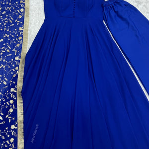 Embroidered Sleeve Georgette Abaya Style Suit in Royal Blue