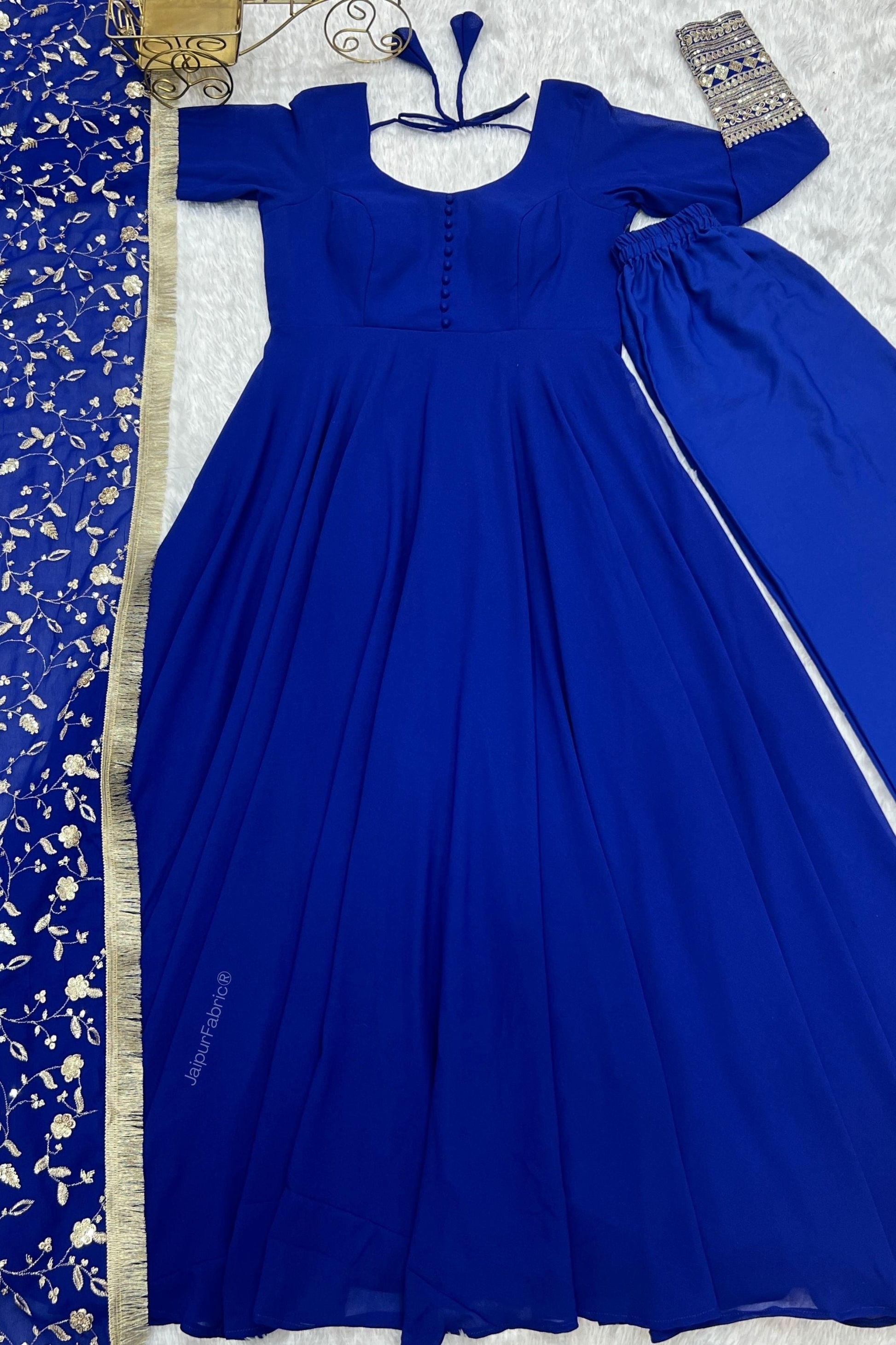 Embroidered Sleeve Georgette Abaya Style Suit in Royal Blue