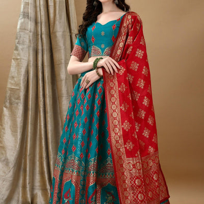 Woven Art Silk Jacquard Lehenga in Teal Blue