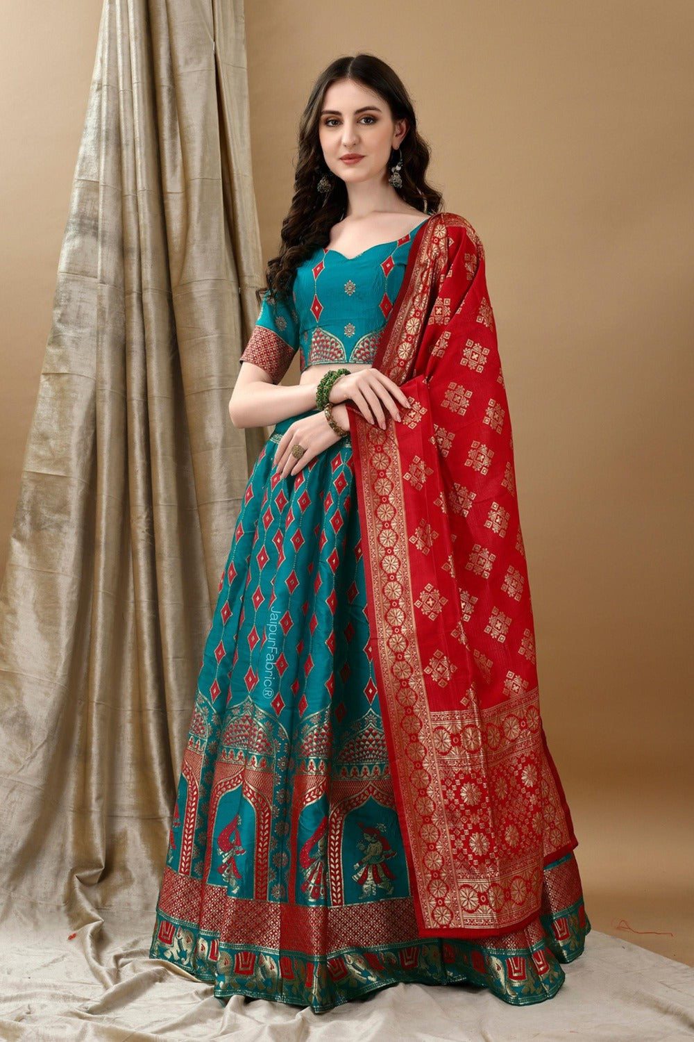 Woven Art Silk Jacquard Lehenga in Teal Blue