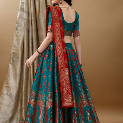 Woven Art Silk Jacquard Lehenga in Teal Blue