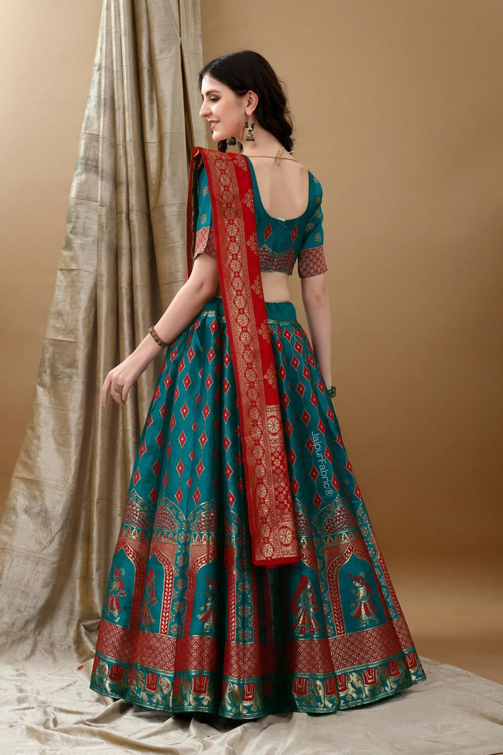 Woven Art Silk Jacquard Lehenga in Teal Blue