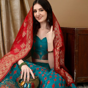 Woven Art Silk Jacquard Lehenga in Teal Blue