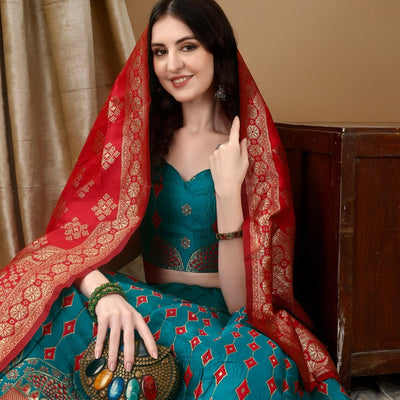 Woven Art Silk Jacquard Lehenga in Teal Blue
