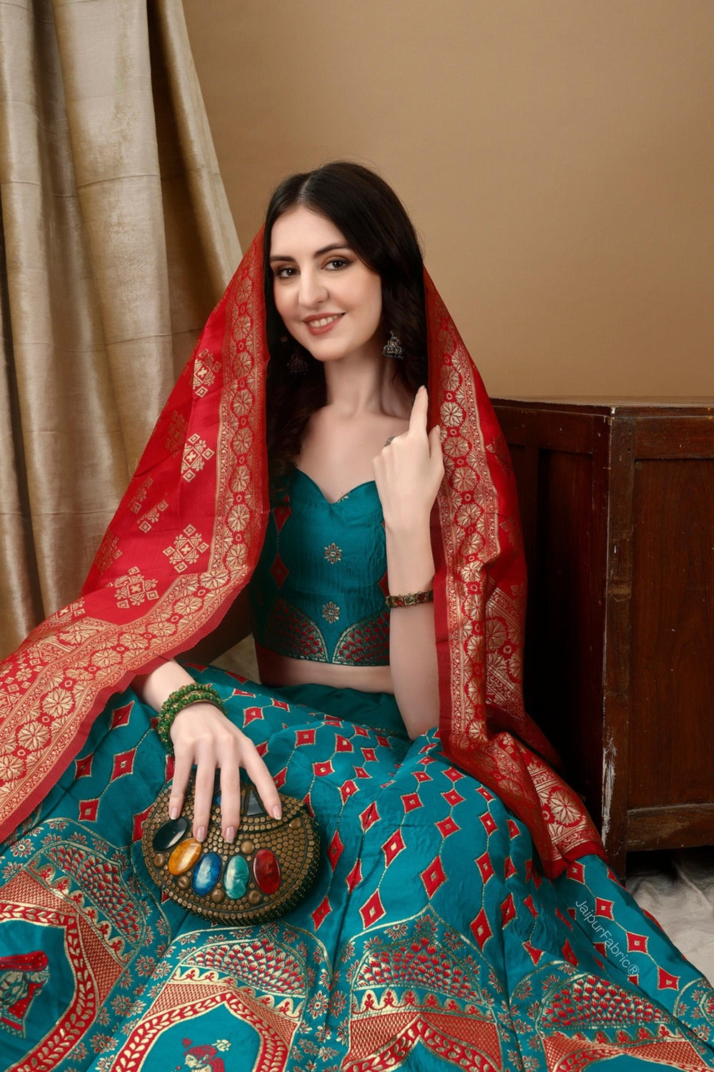 Woven Art Silk Jacquard Lehenga in Teal Blue