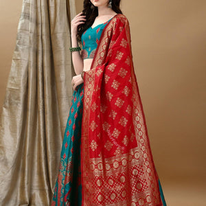 Woven Art Silk Jacquard Lehenga in Teal Blue