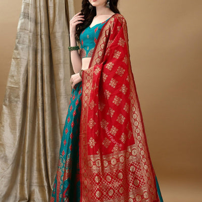 Woven Art Silk Jacquard Lehenga in Teal Blue