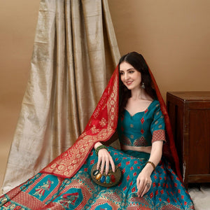 Woven Art Silk Jacquard Lehenga in Teal Blue