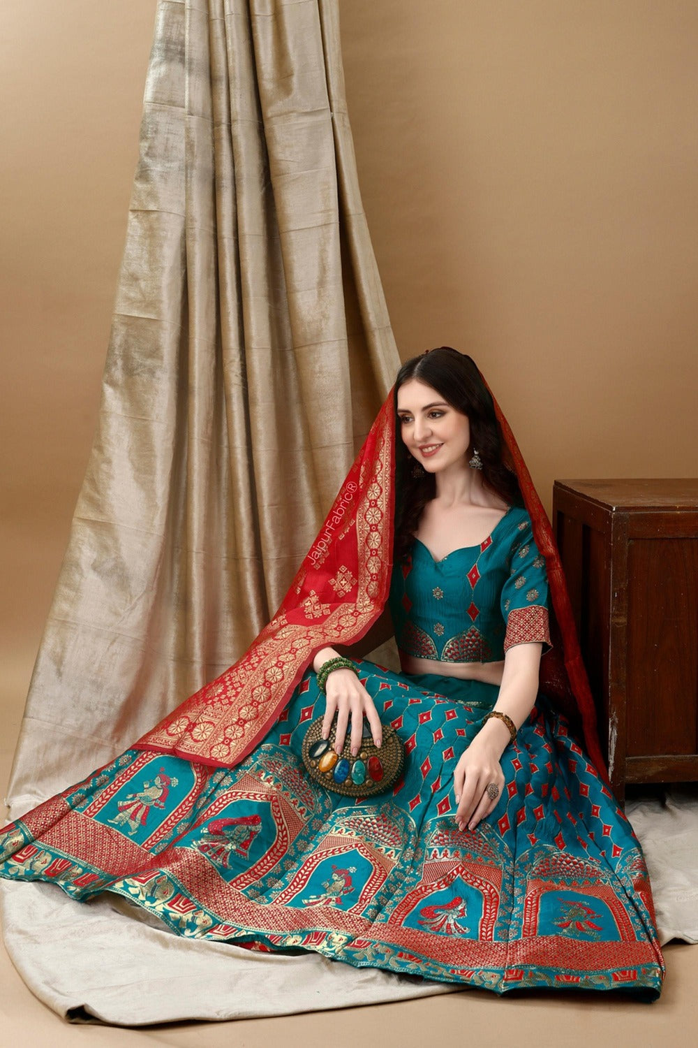 Woven Art Silk Jacquard Lehenga in Teal Blue