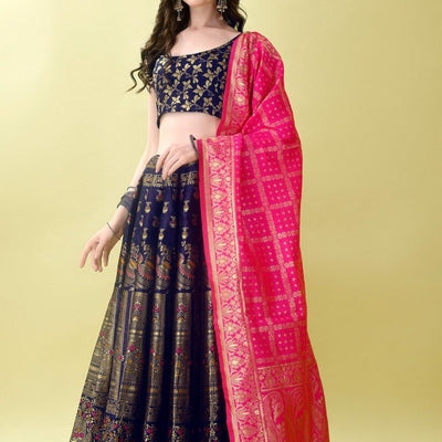 Woven Art Silk Jacquard Lehenga in Navy Blue