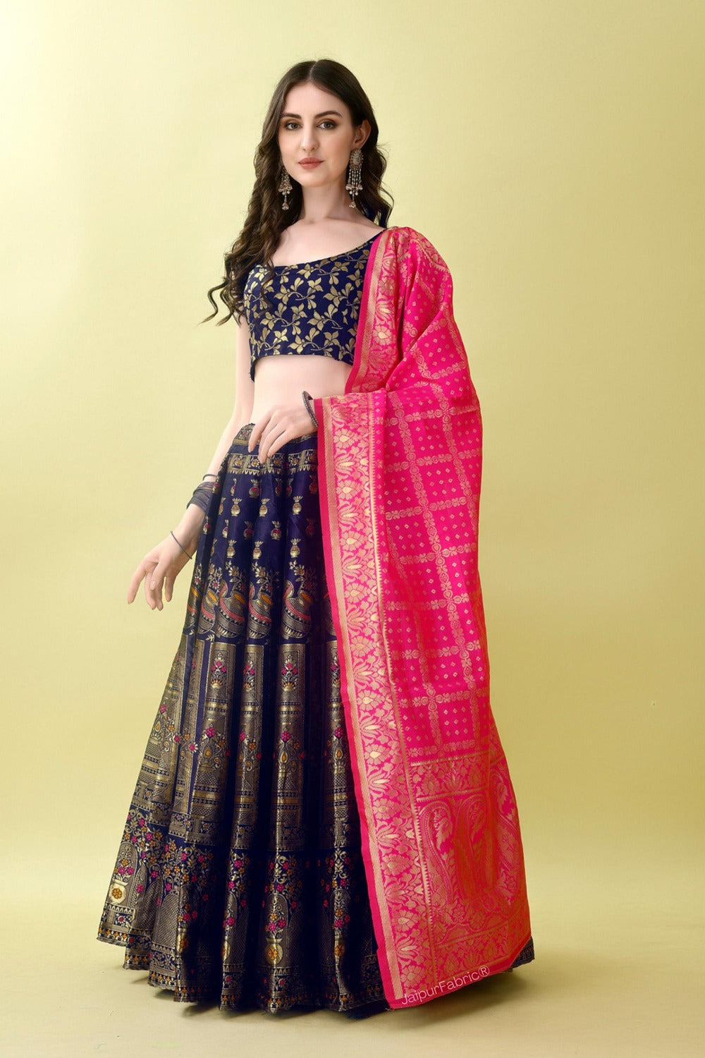 Woven Art Silk Jacquard Lehenga in Navy Blue