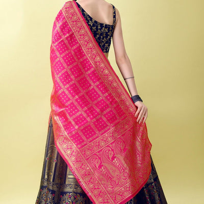 Woven Art Silk Jacquard Lehenga in Navy Blue