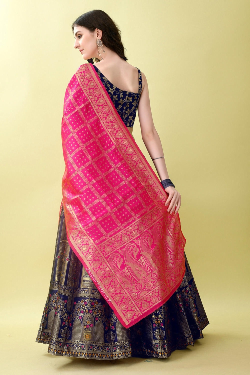 Woven Art Silk Jacquard Lehenga in Navy Blue