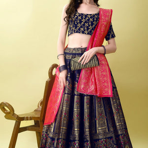 Woven Art Silk Jacquard Lehenga in Navy Blue
