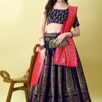 Woven Art Silk Jacquard Lehenga in Navy Blue
