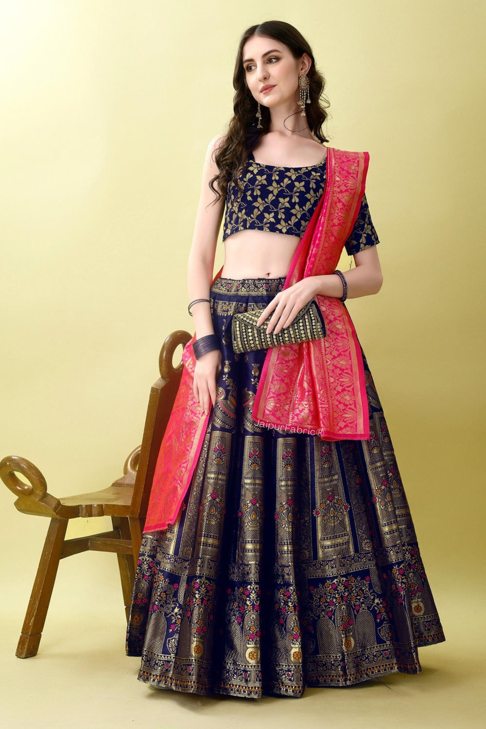 Woven Art Silk Jacquard Lehenga in Navy Blue