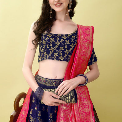 Woven Art Silk Jacquard Lehenga in Navy Blue