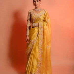 Embroidered Organza Saree in Yellow