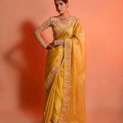 Embroidered Organza Saree in Yellow