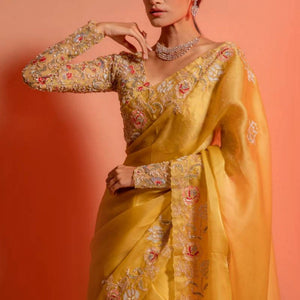 Embroidered Organza Saree in Yellow