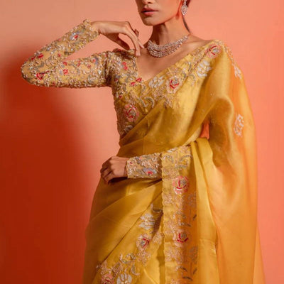 Embroidered Organza Saree in Yellow