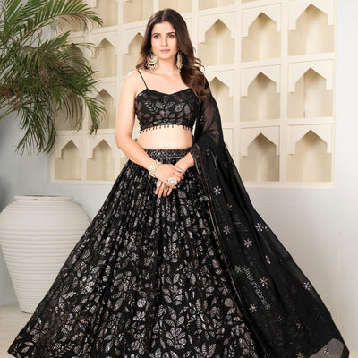 Black Sequin Embroidered Faux Blooming Lehenga Set