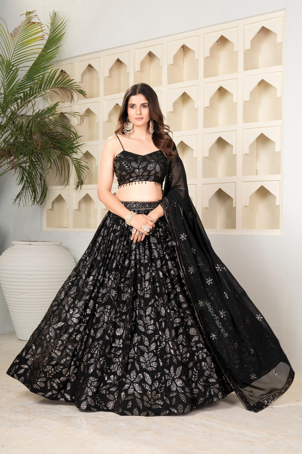 Black Sequin Embroidered Faux Blooming Lehenga Set