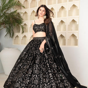 Black Sequin Embroidered Faux Blooming Lehenga Set