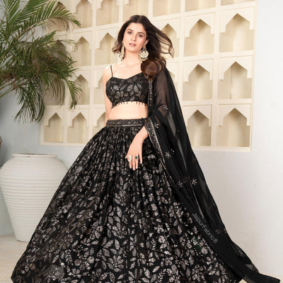 Black Sequin Embroidered Faux Blooming Lehenga Set