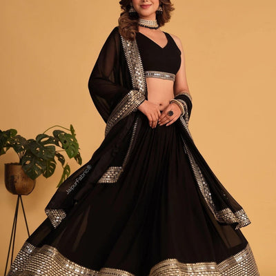 Embroidered Georgette Lehenga in Black