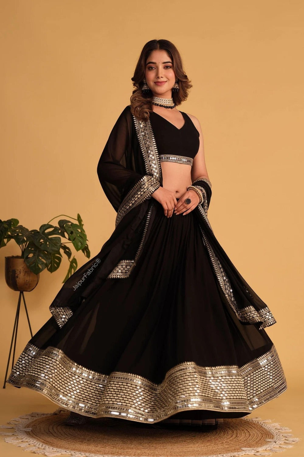 Embroidered Georgette Lehenga in Black