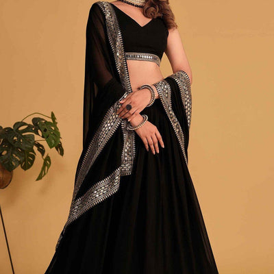 Embroidered Georgette Lehenga in Black