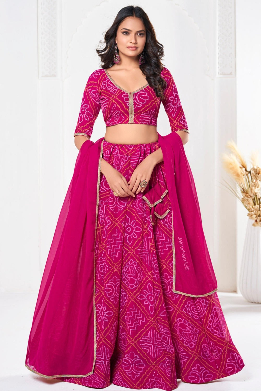 Bandhej Printed Georgette Lehenga in Pink