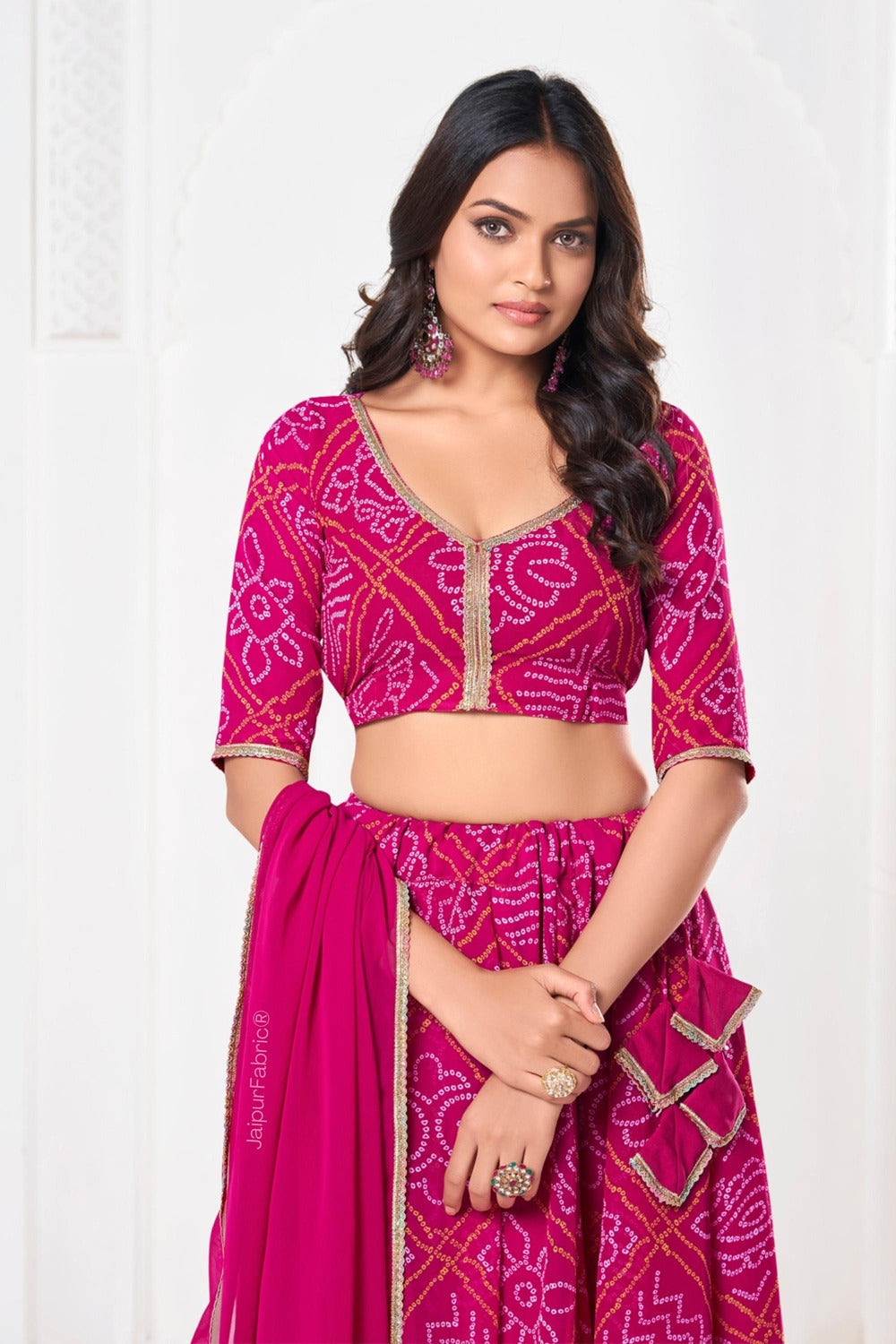 Bandhej Printed Georgette Lehenga in Pink
