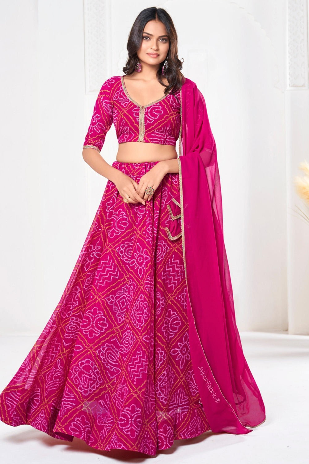 Bandhej Printed Georgette Lehenga in Pink