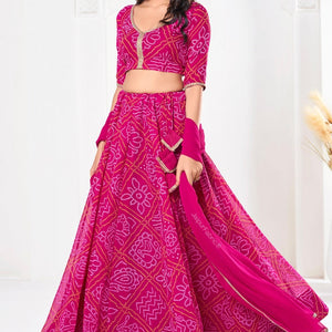 Bandhej Printed Georgette Lehenga in Pink