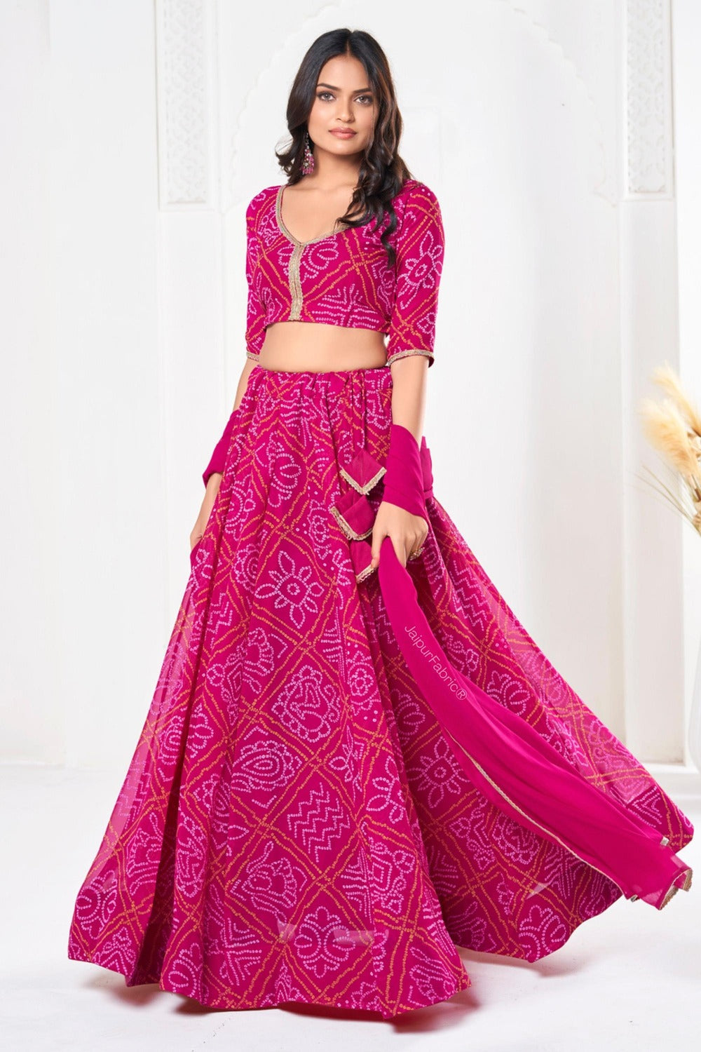 Bandhej Printed Georgette Lehenga in Pink