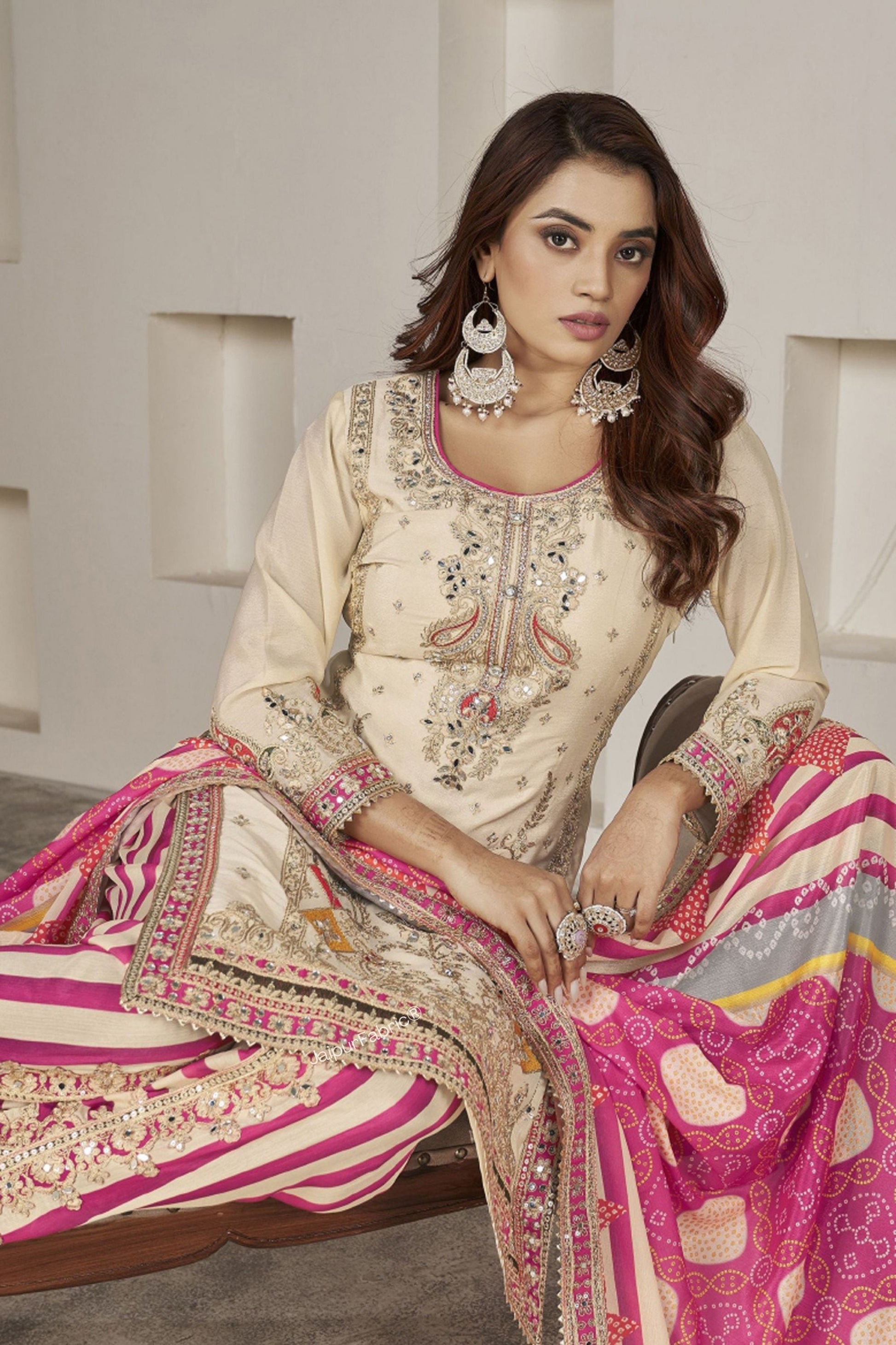 Embroidered Chinon Silk Wedding Wear Embroidery Work Readymade Dhoti Suit