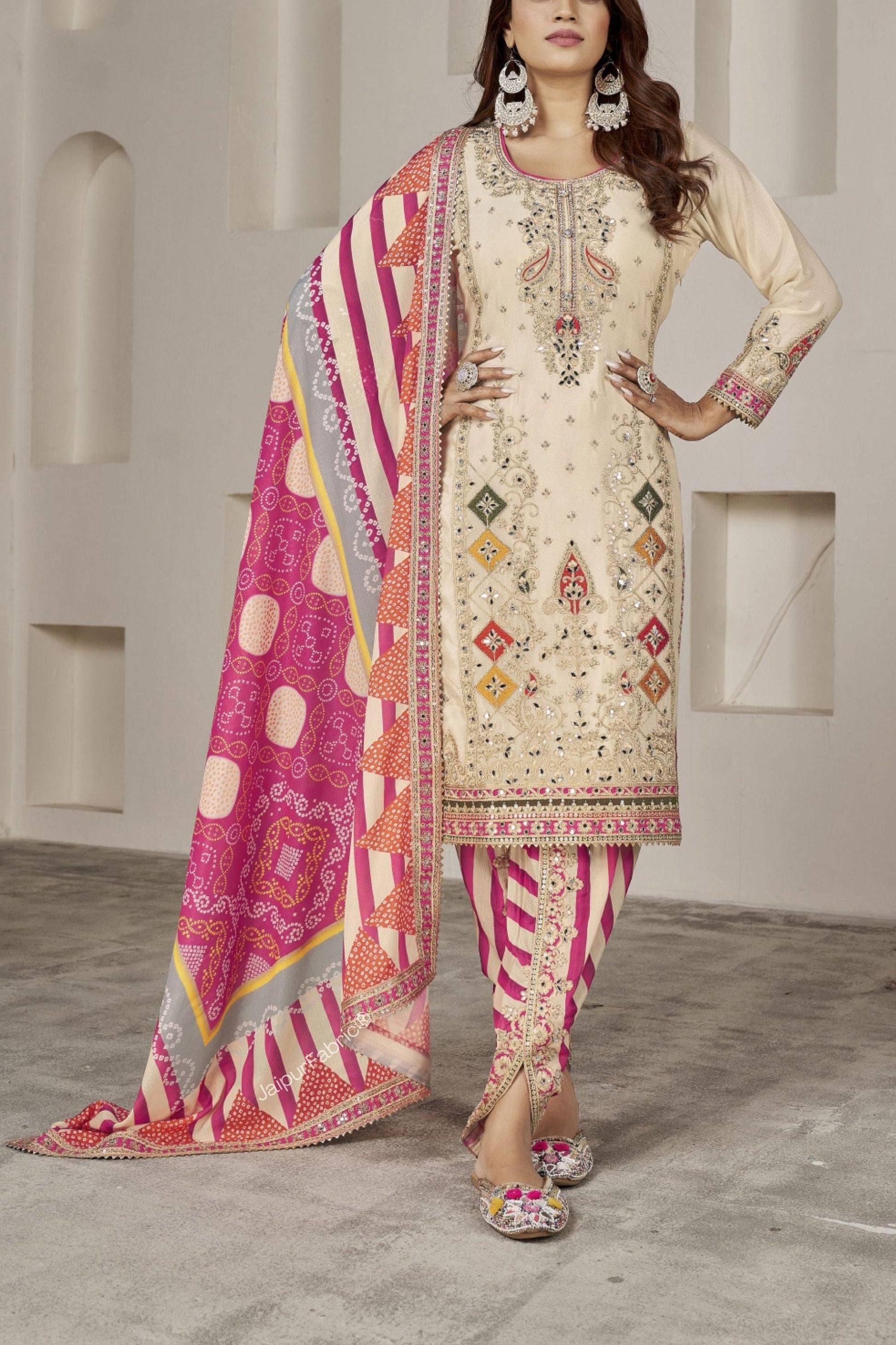 Embroidered Chinon Silk Wedding Wear Embroidery Work Readymade Dhoti Suit
