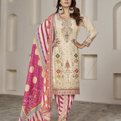 Embroidered Chinon Silk Wedding Wear Embroidery Work Readymade Dhoti Suit