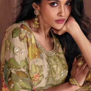Digital Printed Georgette Beige Multicolor Sequin Embroidered Chinon Silk Kurta Set