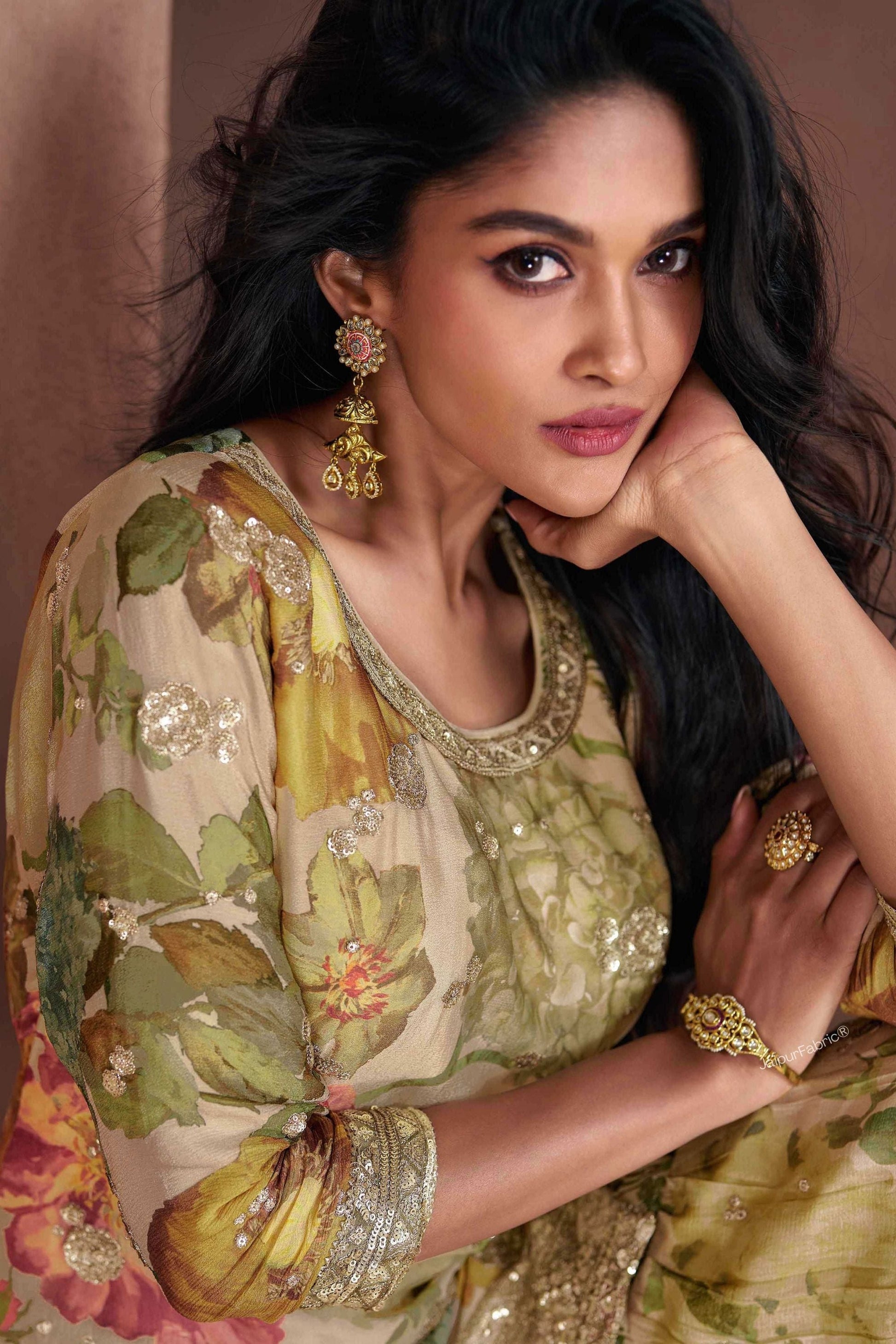 Digital Printed Georgette Beige Multicolor Sequin Embroidered Chinon Silk Kurta Set