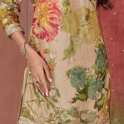 Digital Printed Georgette Beige Multicolor Sequin Embroidered Chinon Silk Kurta Set