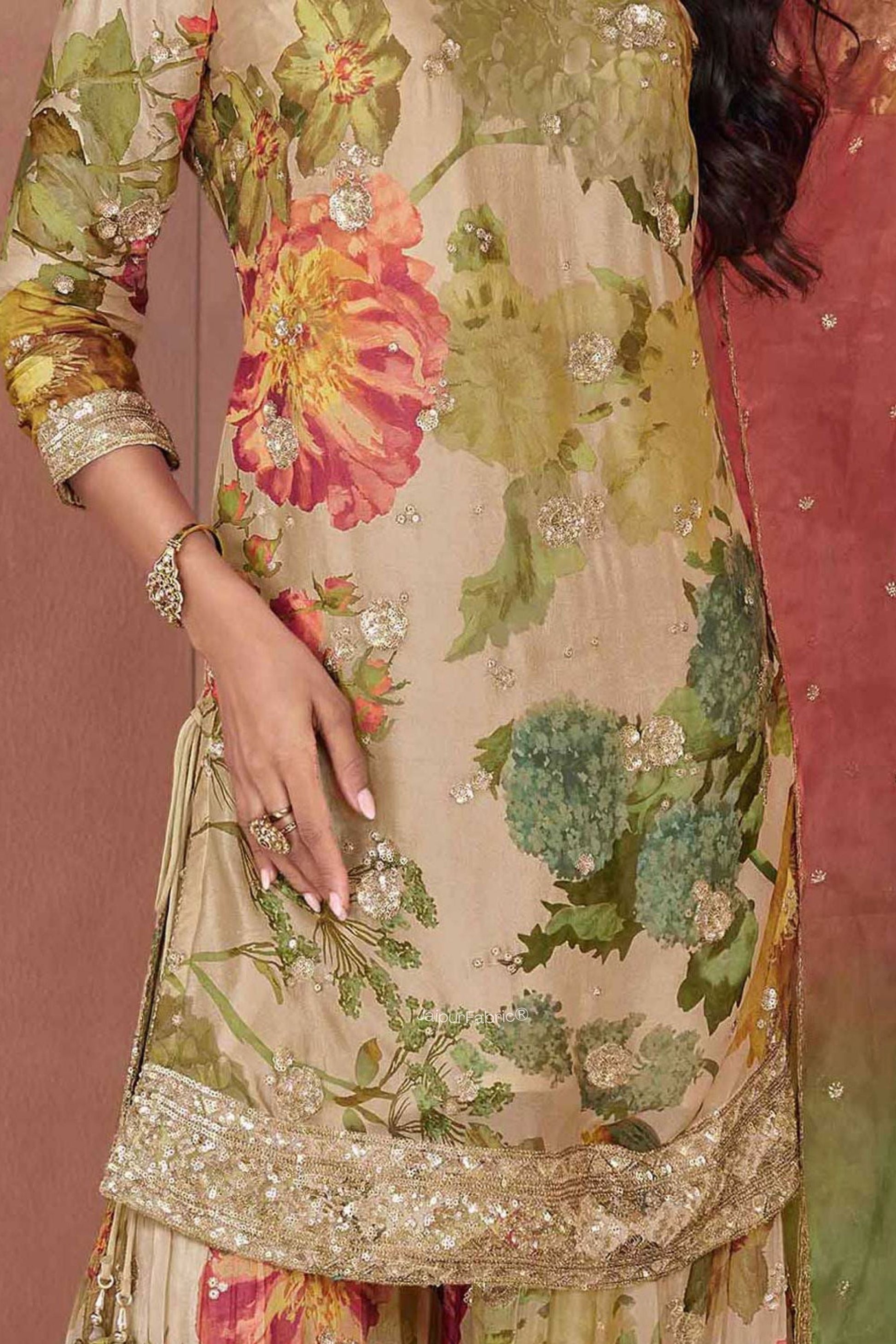 Digital Printed Georgette Beige Multicolor Sequin Embroidered Chinon Silk Kurta Set