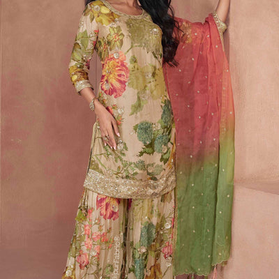 Digital Printed Georgette Beige Multicolor Sequin Embroidered Chinon Silk Kurta Set